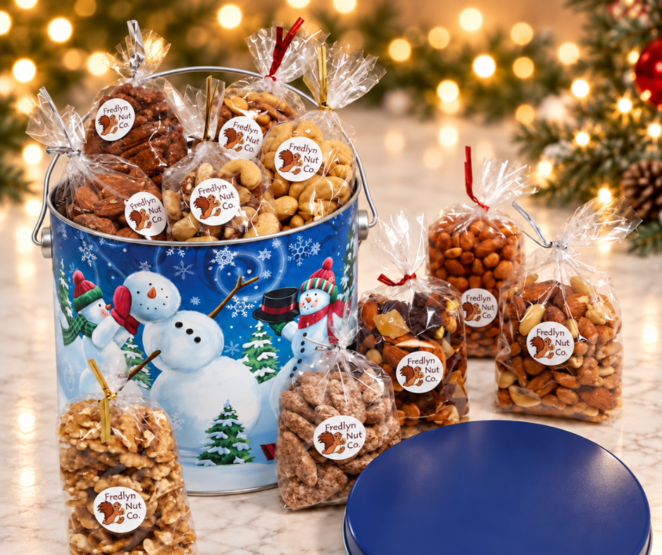 Taste of Fredlyn 1 Gift Pack  Fancy Salted Deluxe Mix, Honey Toasted Pecans, Cranberry Crunch, Spicy Cajun Mix, Praline Pecans, HoneyCrunch, Spicy Spanish Peanuts, Fancy Salted Cashews, Salted Natural Almonds and Jordan Almonds. 