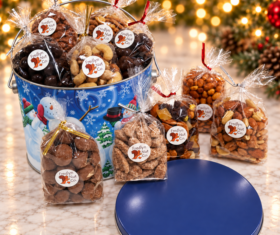 Taste of Fredlyn 2 Gift Pack  Honey Toasted Pecans, Cranberry Crunch, Spicy Cajun Mix, Praline Pecans, Honeycrunch, Spicy Spanish Peanuts, Milk Chocolate Amaretto Pecans, Dark Chocolate Almonds and Chocolate Double Dipped Peanuts. 